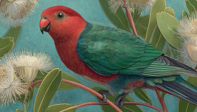 Detailed illustration of a crimson rosella parrot amidst eucalyptus blossoms.