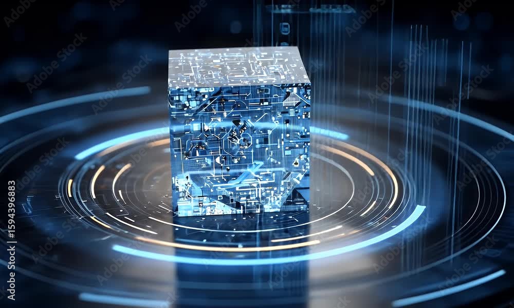 Poster a blue cube of data floating in the center, surrounded by glowing digital lines, representing ai tec