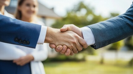 Handshake between two individuals in formal attire, symbolizing agreement and partnership, with blurred background of professional setting, conveying trust and collaboration