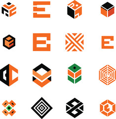 A diverse collection of modern geometric logos featuring orange and black cubes hexagons and abstract shapes