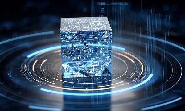 
A blue cube of data floating in the center, surrounded by glowing digital lines, representing AI technology and computer systems with an abstract background. 