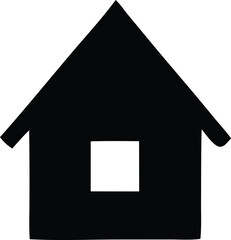 Simple black silhouette of a house with a square window against a white background