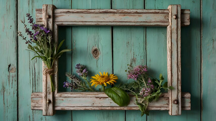 Old wooden door and window with colorful flowers on an ancient building's weathered facade