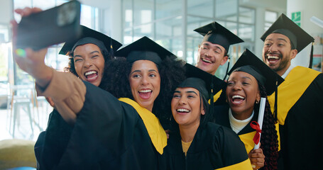 Selfie, university and students with smile, graduation and memory with college goals, app and...