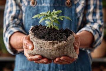 Hands holding plant seedling