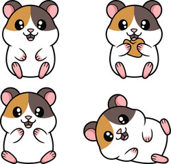 Cartoon hamsters in playful poses, cute pet characters with big eyes, cheerful expressions, kids illustration, kawaii animal vector art