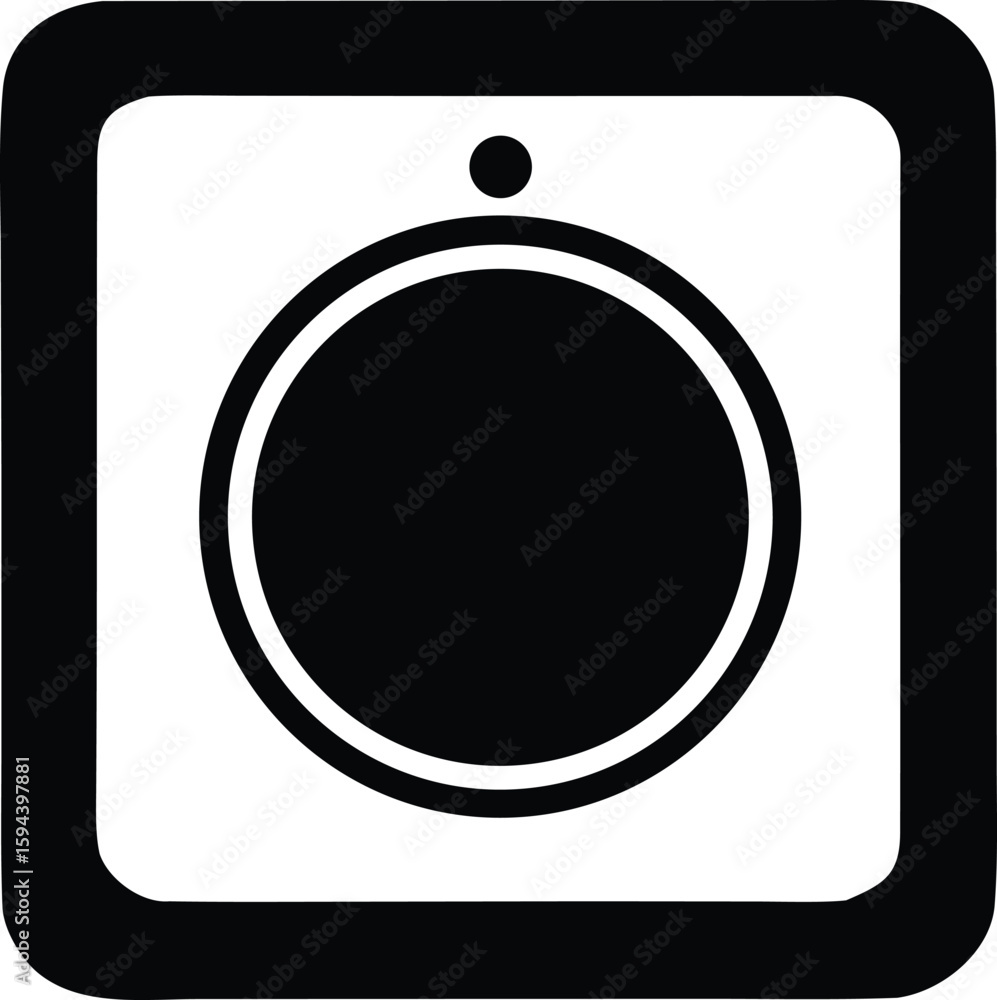 Poster simple black and white icon of a circular dial with a small dot above representing a control or sett