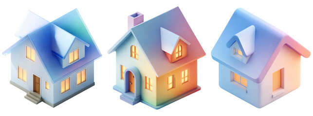 Three Colorful House Renderings on Transparent Background