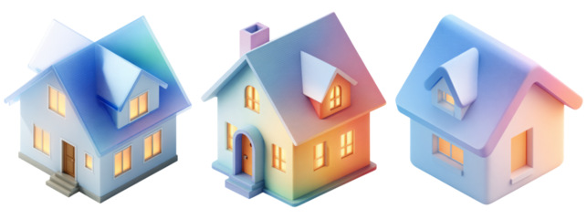 Three Colorful House Renderings on Transparent Background