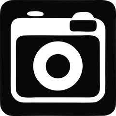A minimalist black and white icon representing a vintage camera with a prominent lens and flash perfect for photography related apps or websites