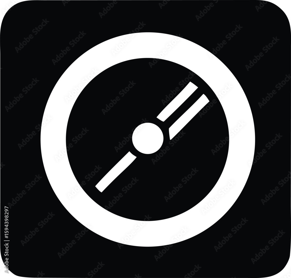 Poster minimalist white compass icon with a central circle and two intersecting lines on a black square bac