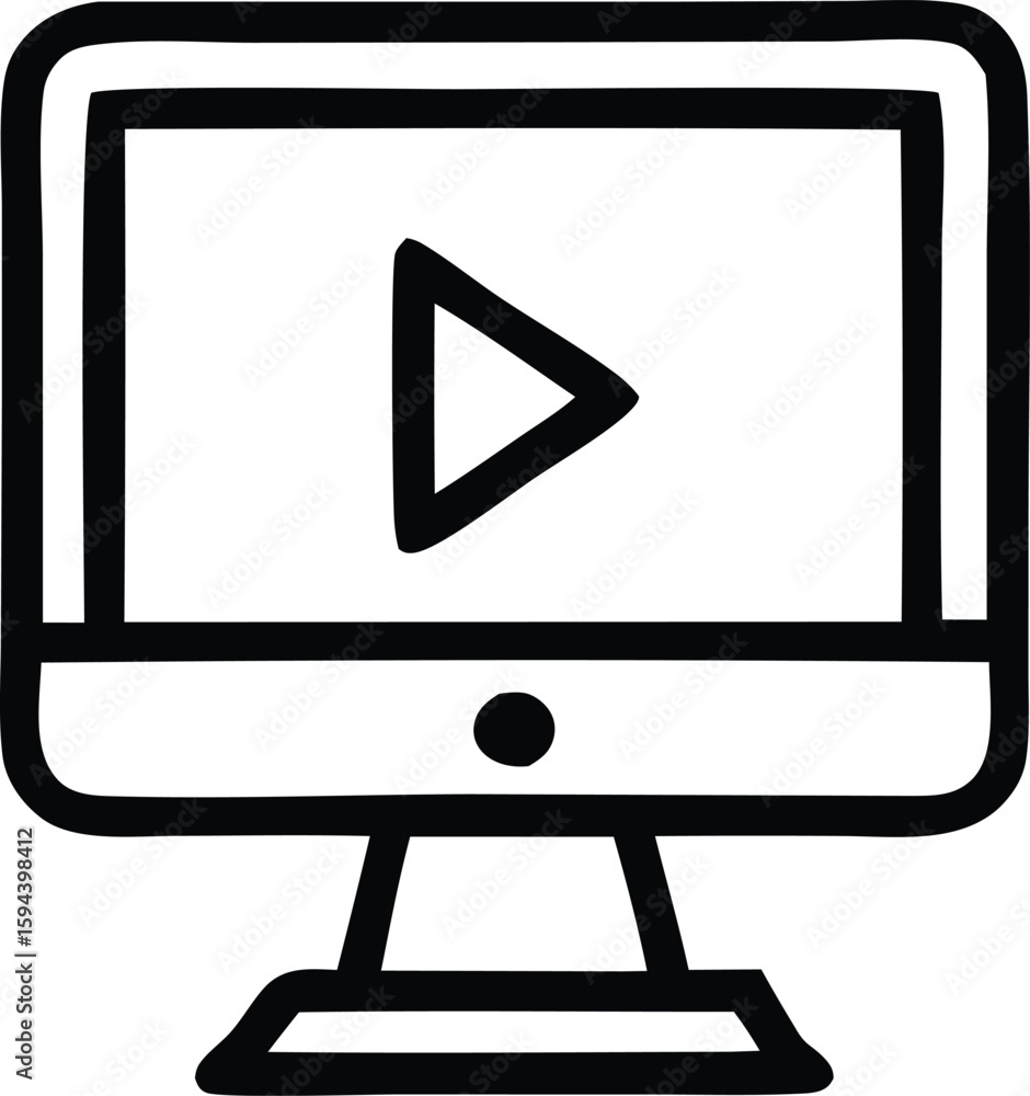 Fototapete A simple hand drawn black and white outline icon of a computer monitor displaying a prominent play button signifying video content