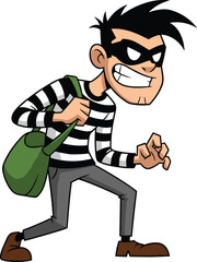 Cartoon thief in striped shirt with green sack, sneaky expression, black mask character, comic crime concept, vector illustration for kids