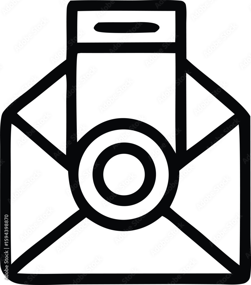 Poster open envelope icon with circular seal and rectangular tab representing communication and mail delive