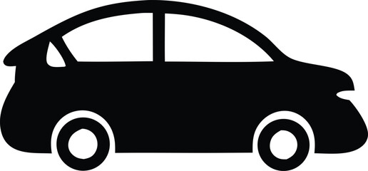 Simple silhouette icon of a modern hatchback car with four wheels and a distinctive curved roofline