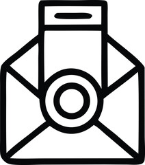Open envelope icon with circular seal and rectangular tab representing communication and mail delivery services