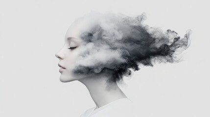 Surreal image of woman profile with smoke like clouds emanating from her head, symbolizing creativity and imagination. ethereal quality evokes sense of wonder and introspection