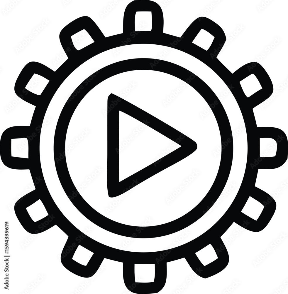 Poster iconic symbol of a play button integrated within a cogwheel representing media playback and mechanic