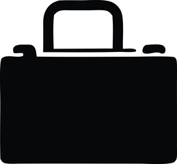 Simple black silhouette of a rolling suitcase with a retractable handle and two side wheels for travel and transportation