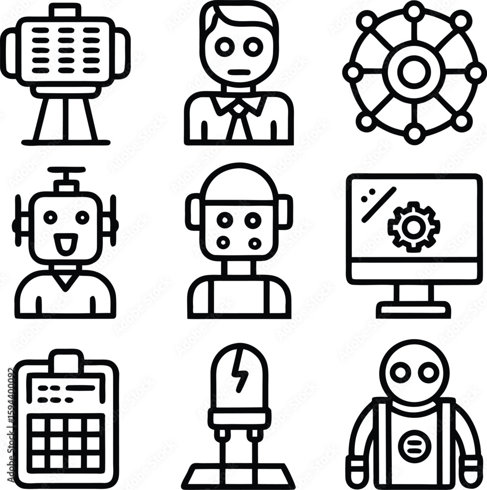 Aufkleber collection of stylized line art icons representing various robots artificial intelligence concepts a