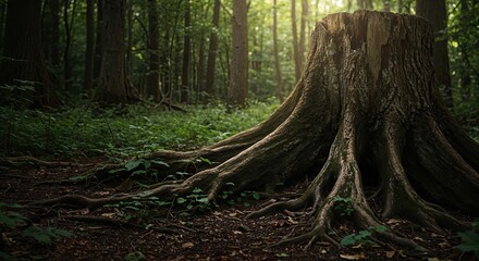 A large tree stump with exposed roots is surrounded by dense forest greenery and tall trees under soft, natural sunlight.