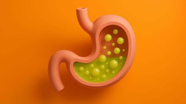 3D cartoon illustration of human stomach with green acid and gas bubbles on bright orange background representing bloating, indigestion, acidity, gastrointestinal discomfort, and digestive problems