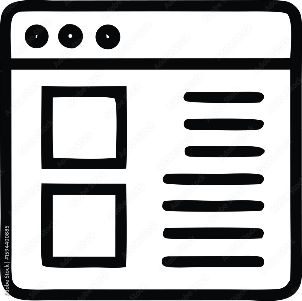 Fototapete a simple hand drawn black and white line art icon representing a web browser window with two content