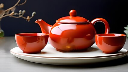 Elegant red tea set isolated on black background