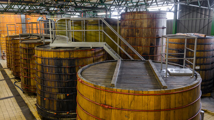 Grandes cuves en bois alignées à l’intérieur d’une installation artisanale ou industrielle dédiée à la fermentation ou à la production de boissons.