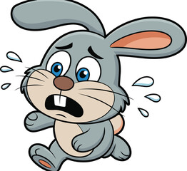 Scared cartoon bunny running fast, frightened expression with sweat, cute gray rabbit character, children’s illustration, vector art, emotional storytelling