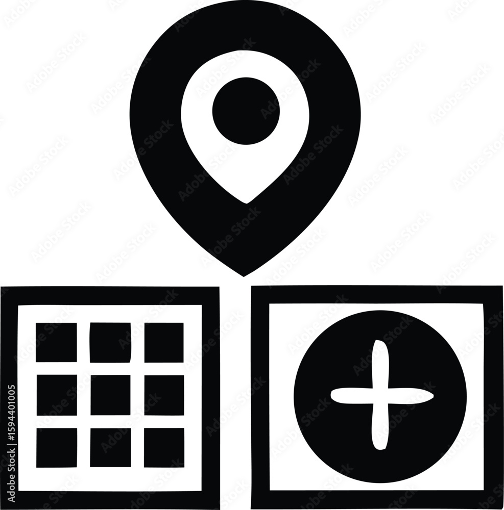 Poster three distinct black and white icons representing location a grid of squares and a plus sign within 