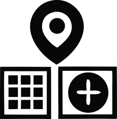 Three distinct black and white icons representing location a grid of squares and a plus sign within a circle