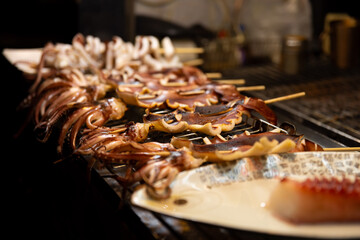 Grilled squids at Ningxia night market in Taipei close up