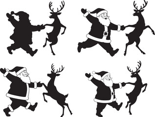 Four festive scenes of santa claus dancing with reindeer silhouette