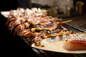 Grilled squids at Ningxia night market in Taipei close up