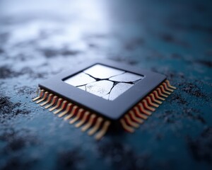 Cracked semiconductor chip illustrating tech rivalry, USA China conflict