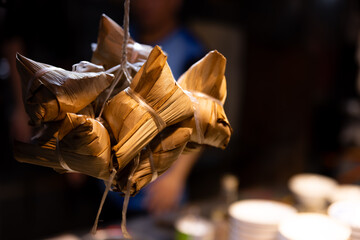 Hunged chimaki at Ningxia night market in Taipei close up
