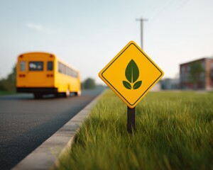 Eco-conscious school zone sign beside parked bus, Electric school bus