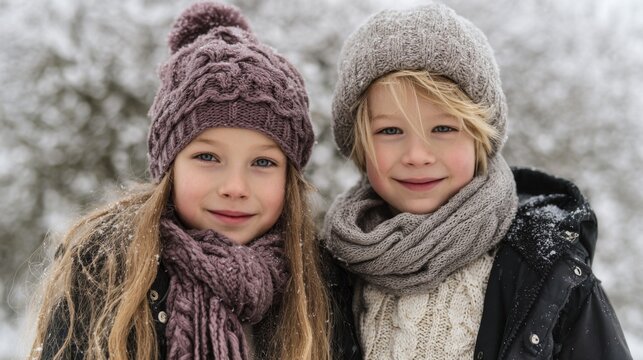 Brother and sister children smiling together in winter clothes outdoors - Powered by Adobe