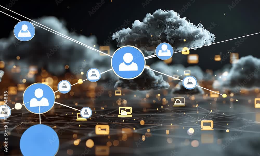 Aufkleber a digital artwork depicting cloud computing, showcasing various devices connected to the internet th