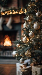 Vertical close-up photo of Christmas tree with ornaments and gifts by the fireplace in winter  