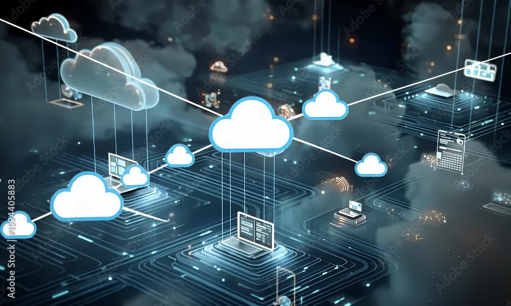 Aufkleber a digital artwork depicting cloud computing, showcasing various devices connected to the internet th
