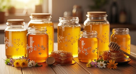 Warm Glowing Honey Jars with Floral Accents and Rustic Lighting Ambience

