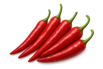 Glossy red chili peppers with verdant stems resting on clear surface, highlighting culinary heat and vibrant color palette