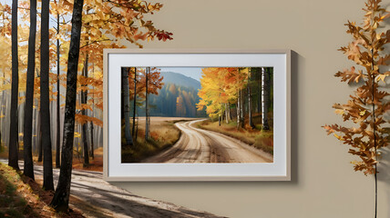 An autumnal country road winds through a scenic forest, adorned with yellow and green leaves under a vast sky