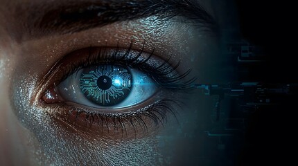 Close-up of blue eye with digital technology background   with  drone in pupil