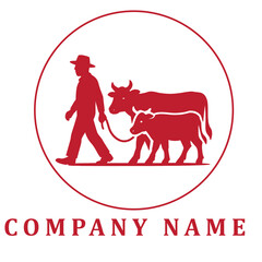 Simple red and white silhouette logo of a cattle farmer walking calmly alongside two cows, evoking a rustic and peaceful farm atmosphere.