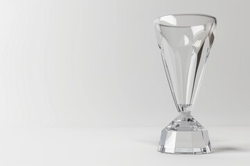 Transparent glass trophy with sleek design, placed on white background, corporate award mockup scene