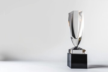 Transparent glass trophy with sleek design, placed on white background, corporate award mockup scene