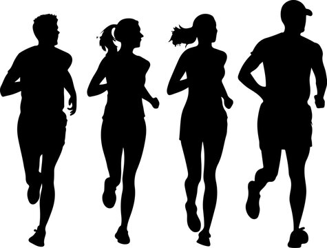 Four diverse runners in silhouette form a group during a race on a white background